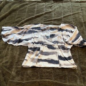 Reitmans Cream, Taupe and Black Puff Sleeve Asymmetrical Blouse